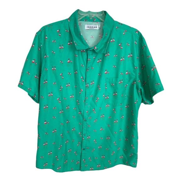 Ingear Resort Mens Shirt Size Large Green Pink Flamingo Short Sleeve Button Up - Picture 1 of 9